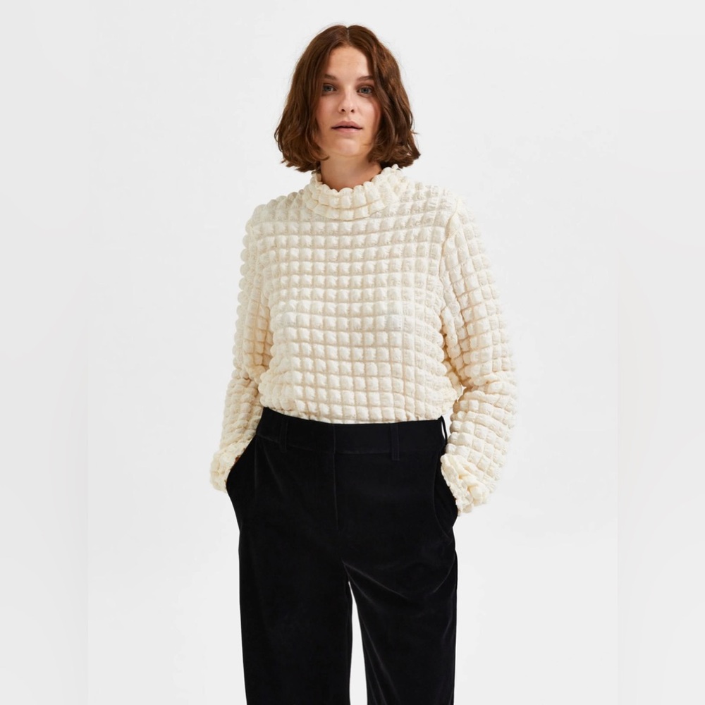 Selected Femme waffle high neck top in cream - Picture 2 of 8